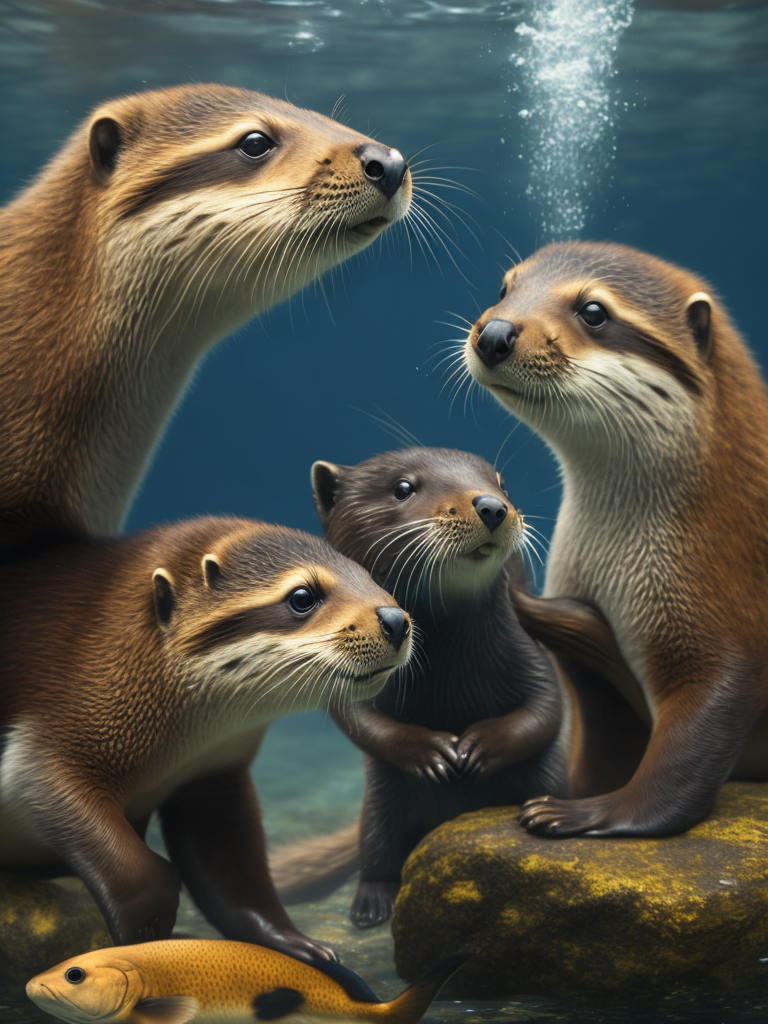 A Family of otters eating fish underwater.