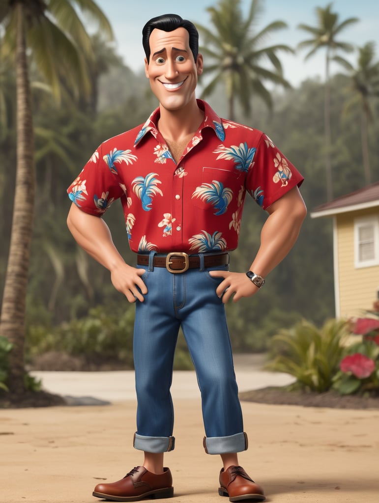 Glenn Quagmire appears Caucasian adult male with short 50's-style-combed raven hair. He has a big chin with a deep cleft and a long nose. He wears a red Hawaiian shirt, blue jeans, and brown shoes.