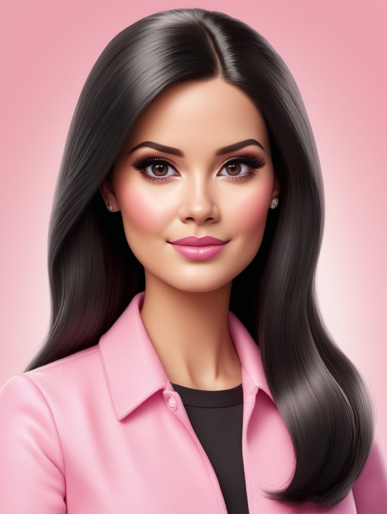 Drawing of an adult barbie elementary school teacher, oval face with thick body, white skin, black and straight hair color wearing pink clothes, black eyes