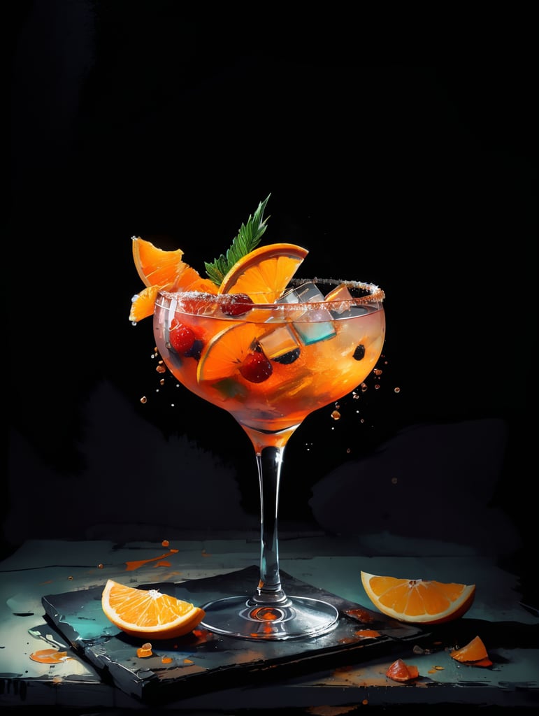 gin cocktail with dried slices of fruit, salt on rim, studio lighting