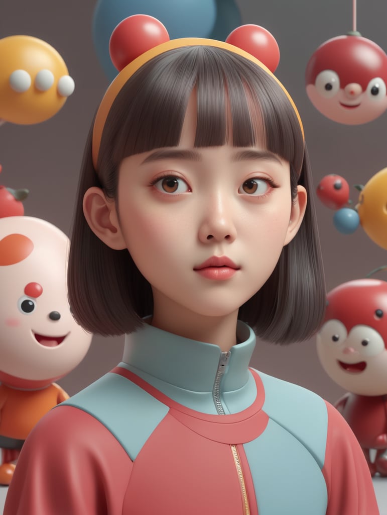 Cartoon character is shown, in the style of yanjun cheng, 8k 3d, olivia locher, cranberrycore, post-internet aesthetics, jun kaneko