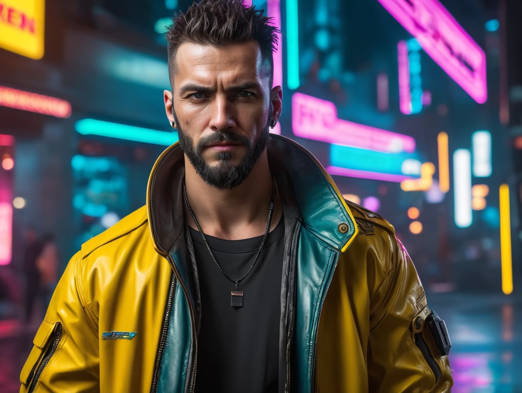 cyberpunk 2077, man from future, ultra realism, super detailed, neon colors, magazine cover, professional shot, magazine photography, bright saturated colors, sharp focus, highly detailed, room for copy, simple background