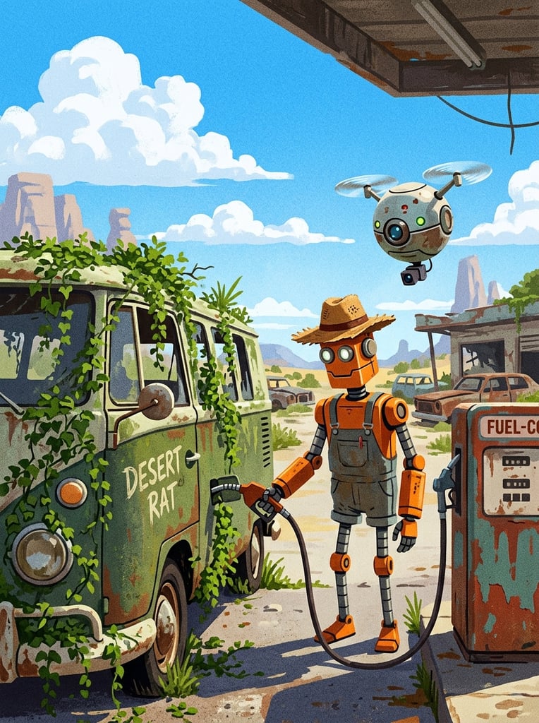 orange robot with straw hat refueling vine-covered van, abandoned gas station, floating spherical drone, bright blue sky, grainy digital illustration, retro-futurism