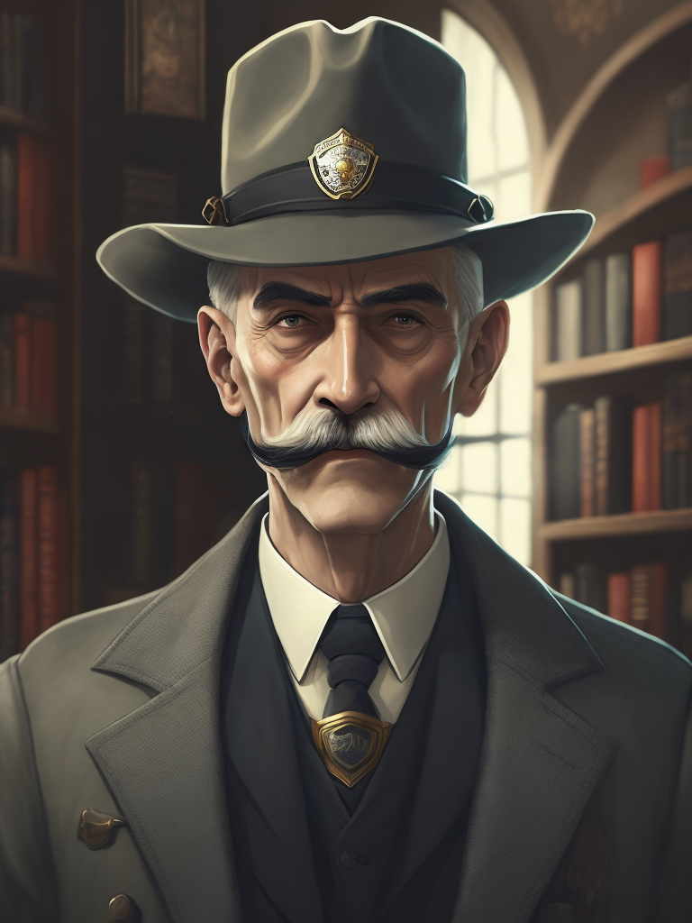 Lovecraftian portrait of a 1920s police detective, gray haired english moustache, bookshelves wide shot, artstation, concept art, illustration, ilya kuvshinov, vintage