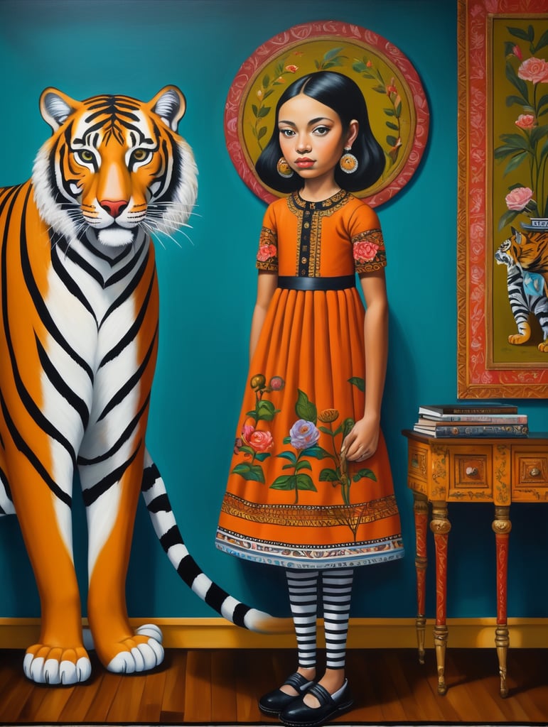 a girl with tiger, style of Catherine Nolin, Painting, Acrylic, Oil, Portrait, Interior, USA