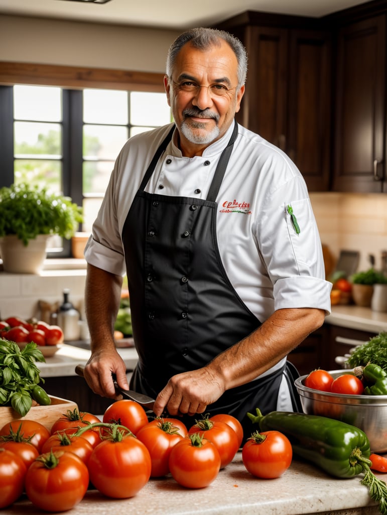 older italian Chef in the back of a kitchen counter with ingredients to make sauce. Fresh tomatoes, garlic, onions, carrots, celery, green peppers, virgin olive oil, salt, oregano, basil, parsley, and black pepper. in a kitchen background scene depth of field --