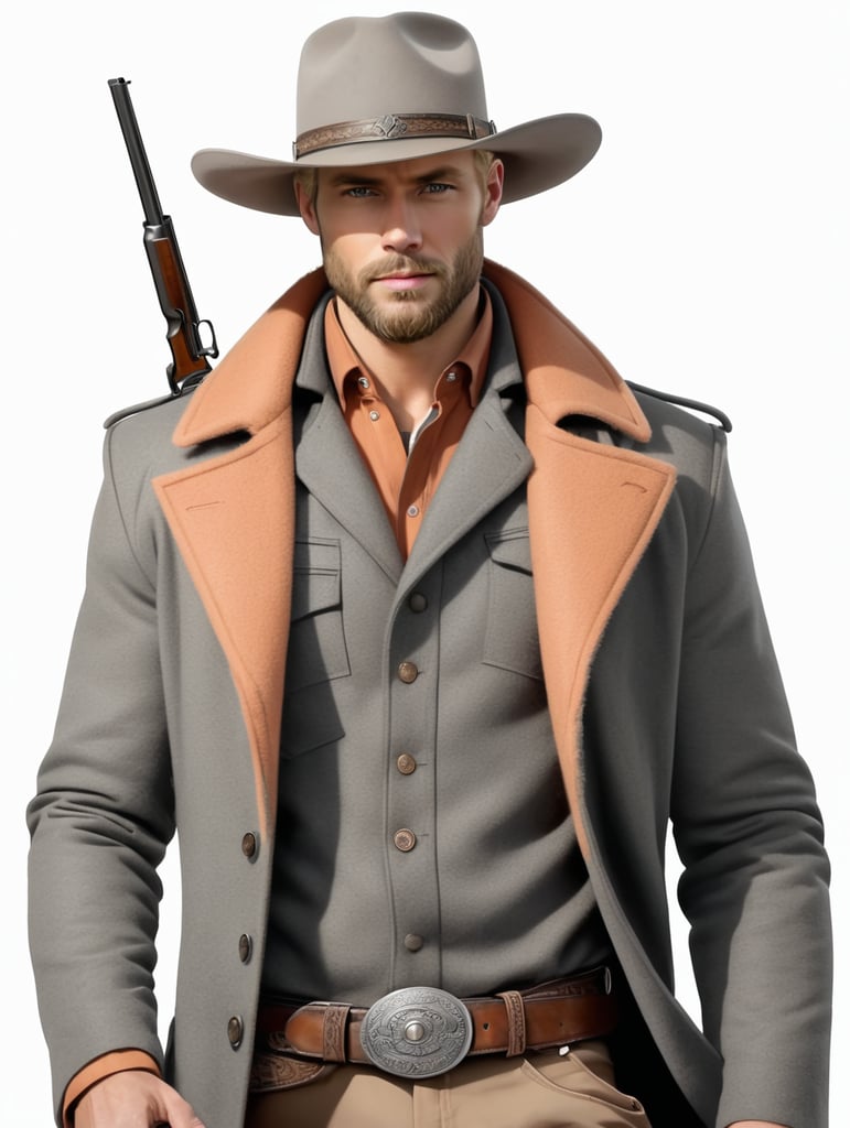 Handdraw, 30 years old blond men, 3days beard, modern western outfit, longcoat grey , melon hat grey, revolver on belt, portrait