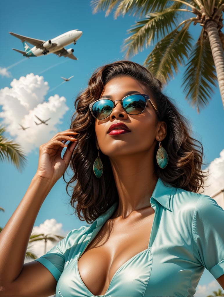 Pin up art, portrait, a black woman raised her head up, looks at the sky, sunglasses, one airplane flies in a clear sky and leaves a mark, summer, palms around, palms reflected on a sunglasses, turquoise shades, style by Gil Elvgren