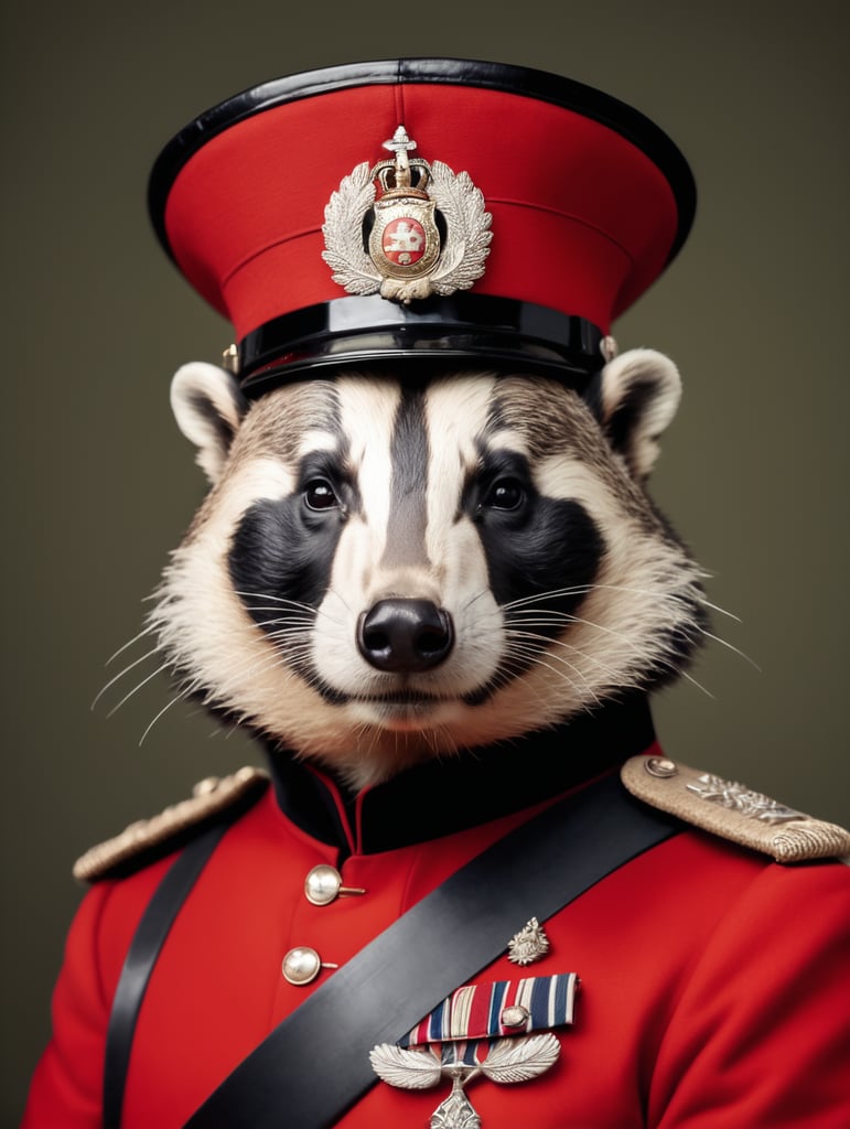A portrait of a eurasian badger in a red nineteenth century British Army Brigadier uniform