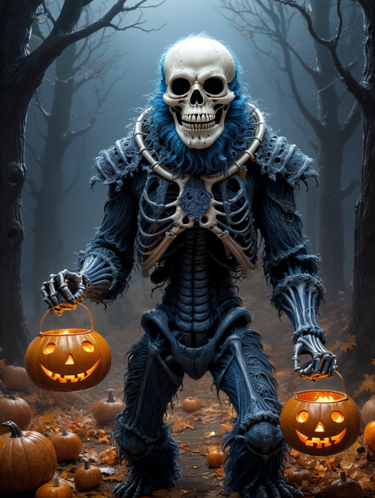 a blue yeti wearing a skeleton mask out trick or treating