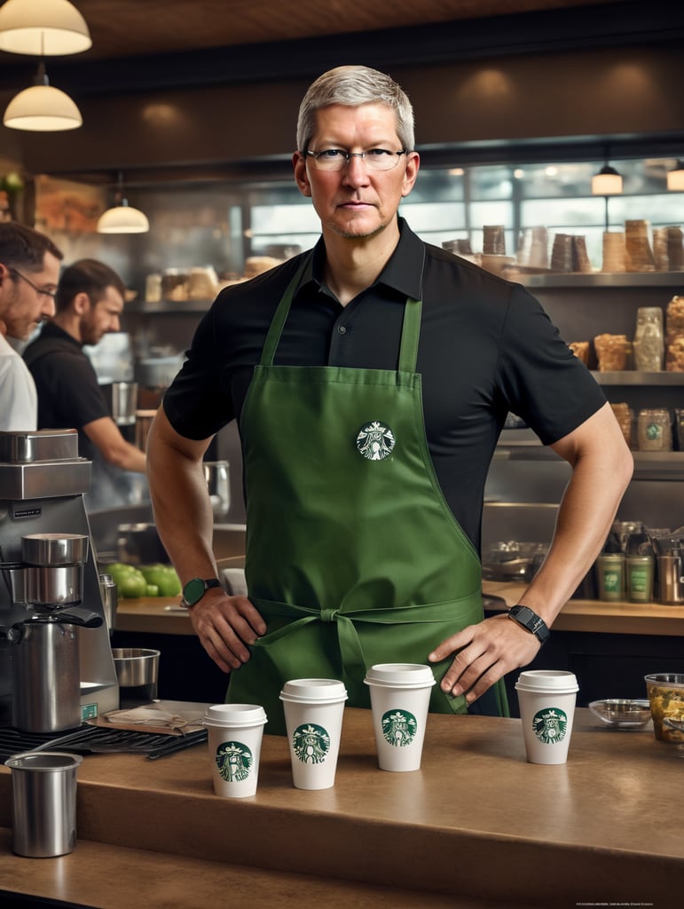 Tim Cook als Starbucks angestellter in schwarzem Hemd und grüner Schürze