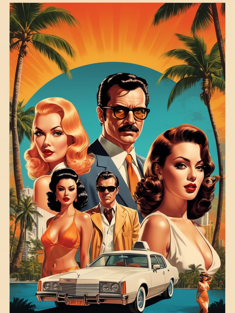 Miami eye-catching poster-style drawing and illustration representing the iconic pulp style.