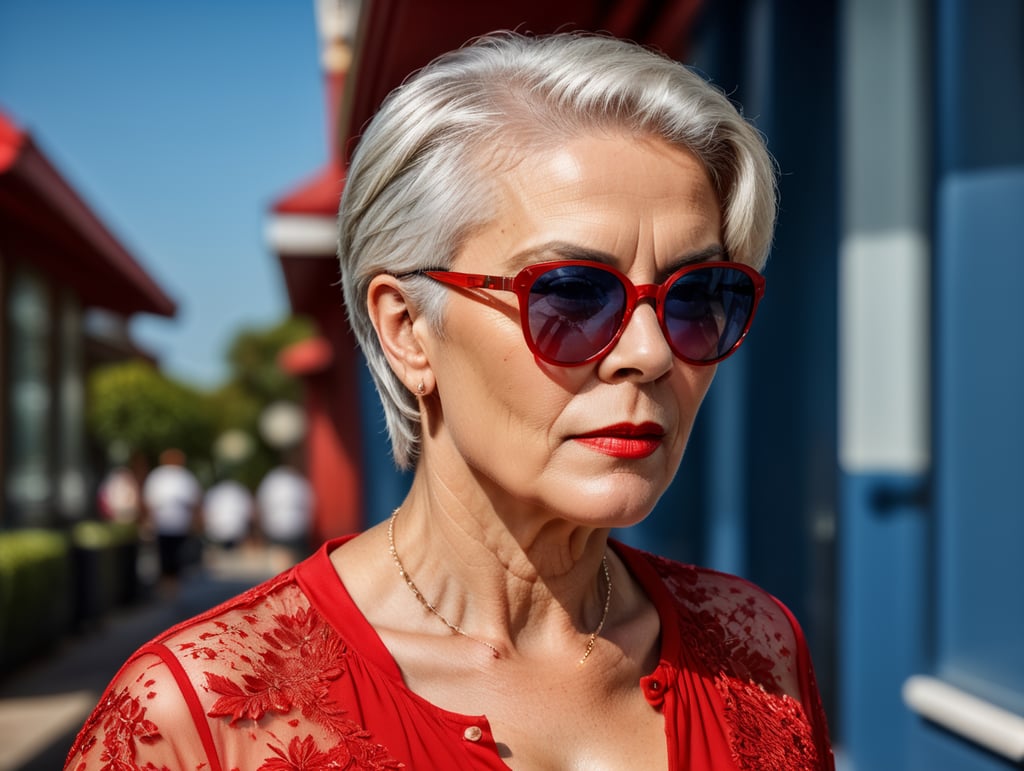 A portrait of a beautiful English older woman with white platinum short hair and big sunglasses, dressed all red, blue background, big cleavage, glamorous London portrait, highly realistic, women designer, very fashionable, colourful