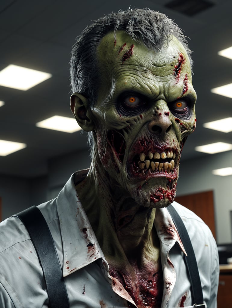create zombie in a office doing paperwork, hyper realistic. el zombie esta muy podrido. Very focused, very detailed damage skin. Very real eyes, scary
