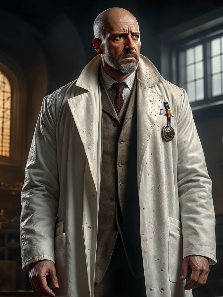 a doctor, thoughtful and worried, with his head up and looking up, wearing a dirty white coat, wide and profile view