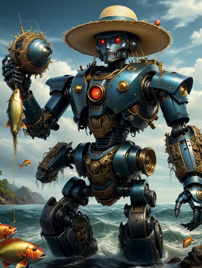 A robot android that catches fish in the sea and wears a straw hat