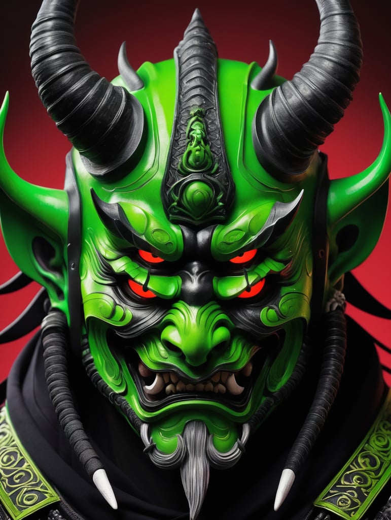 Illustration of a demon mask, demon samurai mask, oni mask, neon green oni mask, samurai mask, samurai, demon samurai, demon samurai warrior, oni horns, inspired by ryūkōsai jokei, japanese art style, inspired by kawanabe kyōsai, mysterious, neon green and black, incredibly high detail, close up, dramatic lighting