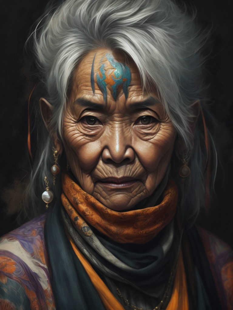 Elderly Asian woman with tattoos on her face, shaman, gray hair, jewelry, black background, black eyes