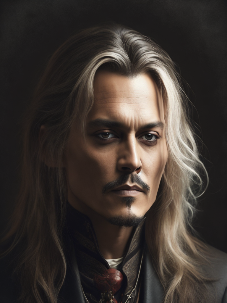 Portrait of Johnny Depp as Count Dracula, majestic look, long hair, he wears 18th-century style clothing, dark background, contrasting light, detailed face, muted tones