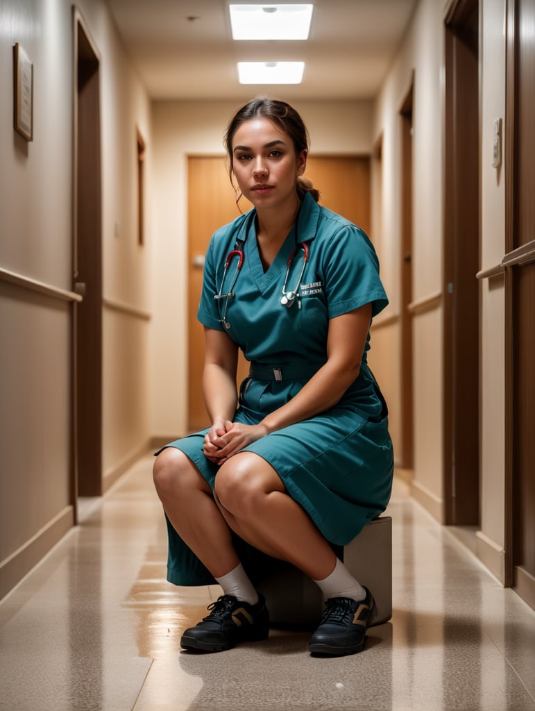 Portrait of a female working nurse, sitting on the floor in the hallway, sad face, sad colors and atmosphere, the light from the window illuminates her face, low angle photo