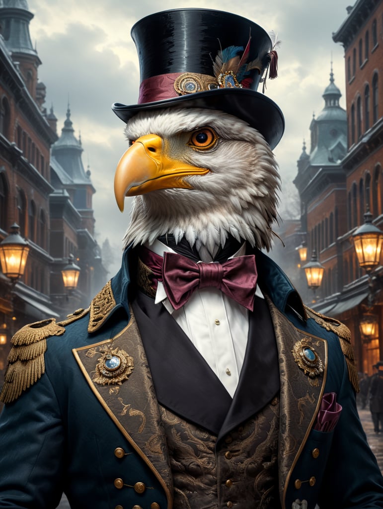 A distinguished eagle in a top hat and jacket