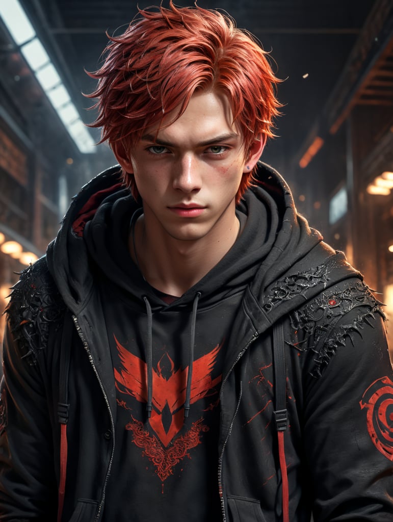 male anime teenager with messy red hair wearing a black hoodie