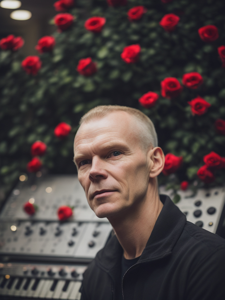 vince clarke con rosas rojas y botones de sintetizadores