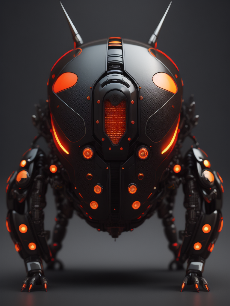 3d cybernetic ladybug robot, shiny materials, carbon fiber, internal red led lights