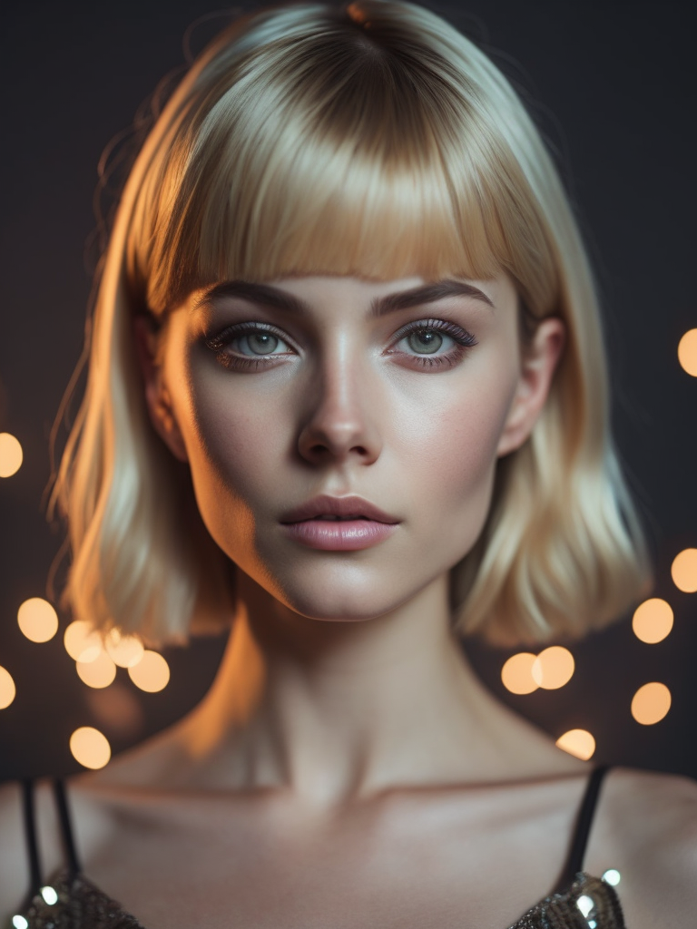 Beautiful Russian girl, disco, techno, short hair, blonde, front camera, with a round neon light in the background, darkness, tone of tone