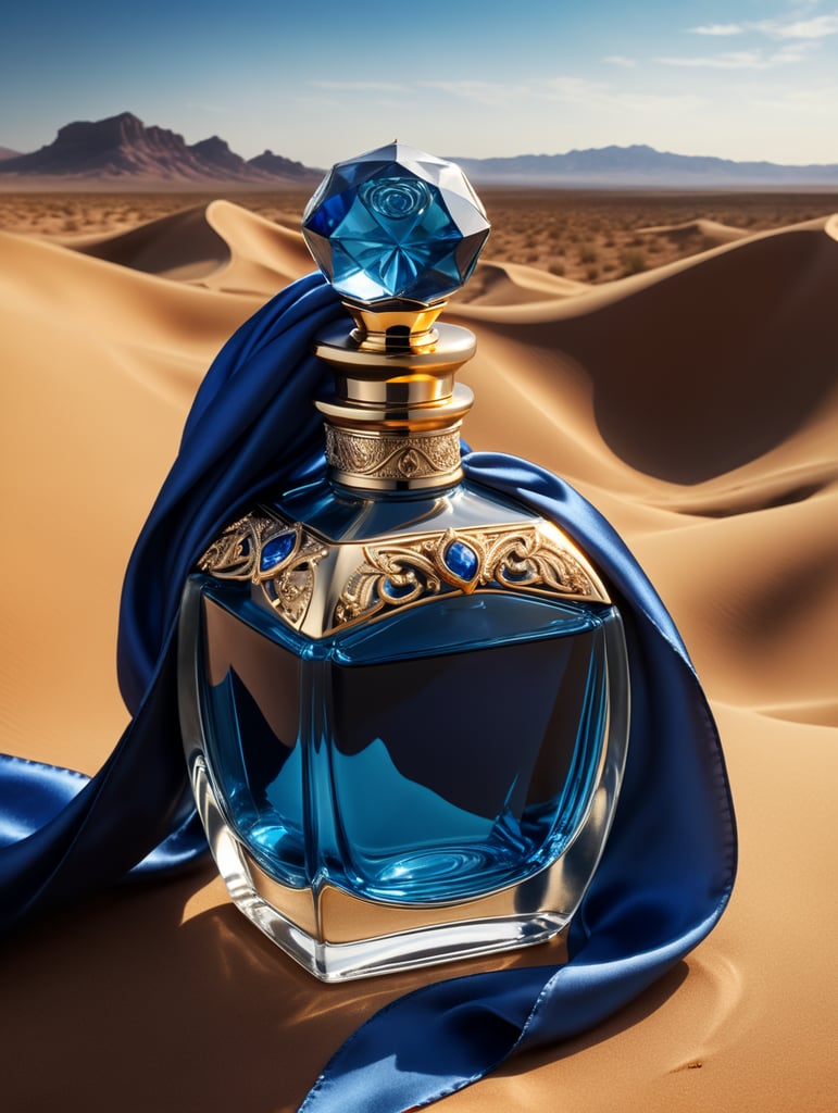 professional photography of a luxury perfume bottle in the desert, Blue satin scarf in the background, no label, clear, mockup