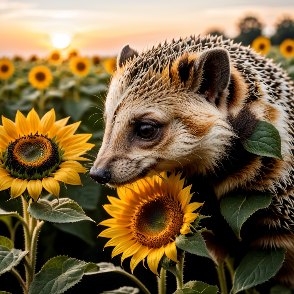 tiny hedgehog sniffs a sunflower in the feild