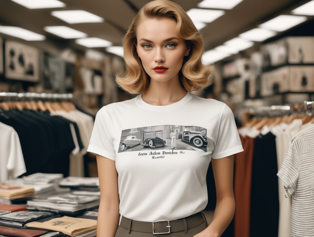 Extremely detailed photographic image, grained image, beautifully composed, monochrome image, 50's fashionable image, fashionable magazine photography, leica summicron 35mm f2.0, kodak 400tx, fashion photography, fashionable model, william s. burroughs, Woman wearing blank white T-Shirt in Clothing Store Mockup, mock up