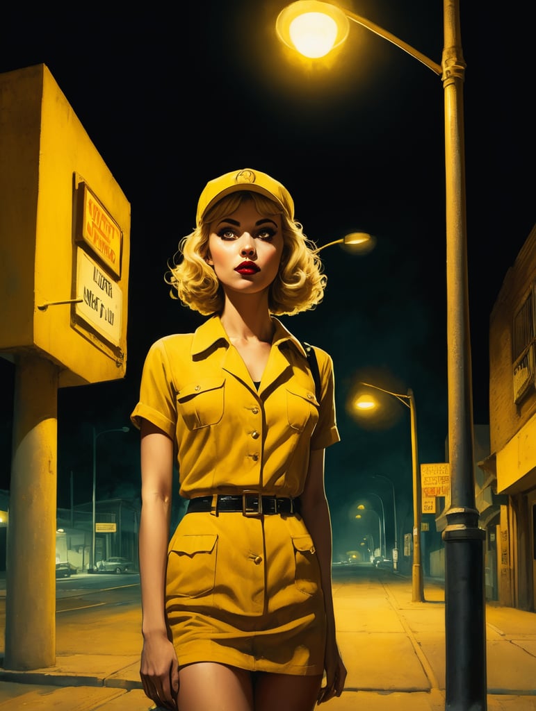 late night call girl standing under a streetlight, gritty, pulp comics style, yellow ambient light. Killer waiting in the shadows
