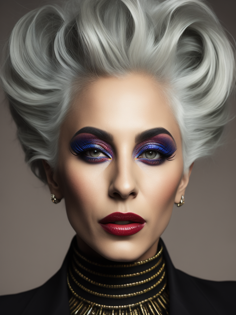 Lady Gaga a 90yr old singer with bright dramatic make-up and wild hair, beautiful pores and skin texture, detailed high resolution image, grey hair, Dior makeup, award winning fashion editorial image