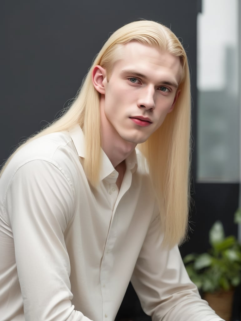 Young pale man, very long blonde straght hair