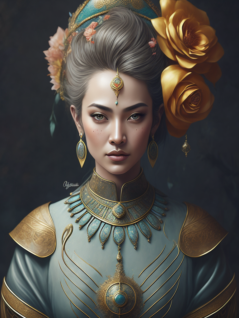 Ethereal portrait of Buddah female in pastels and gold with pink flowers and butterflies, high definition, photography, cinematic, detailed character portrait, detailed and intricate environment, breeze, dream