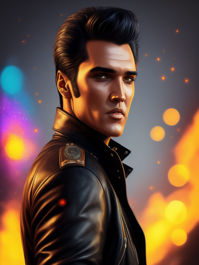 Portrait of Elvis Presley wearing a black leather jacket, studio photo, professional photo, Bright and rich colors, Detailed image, detailed face