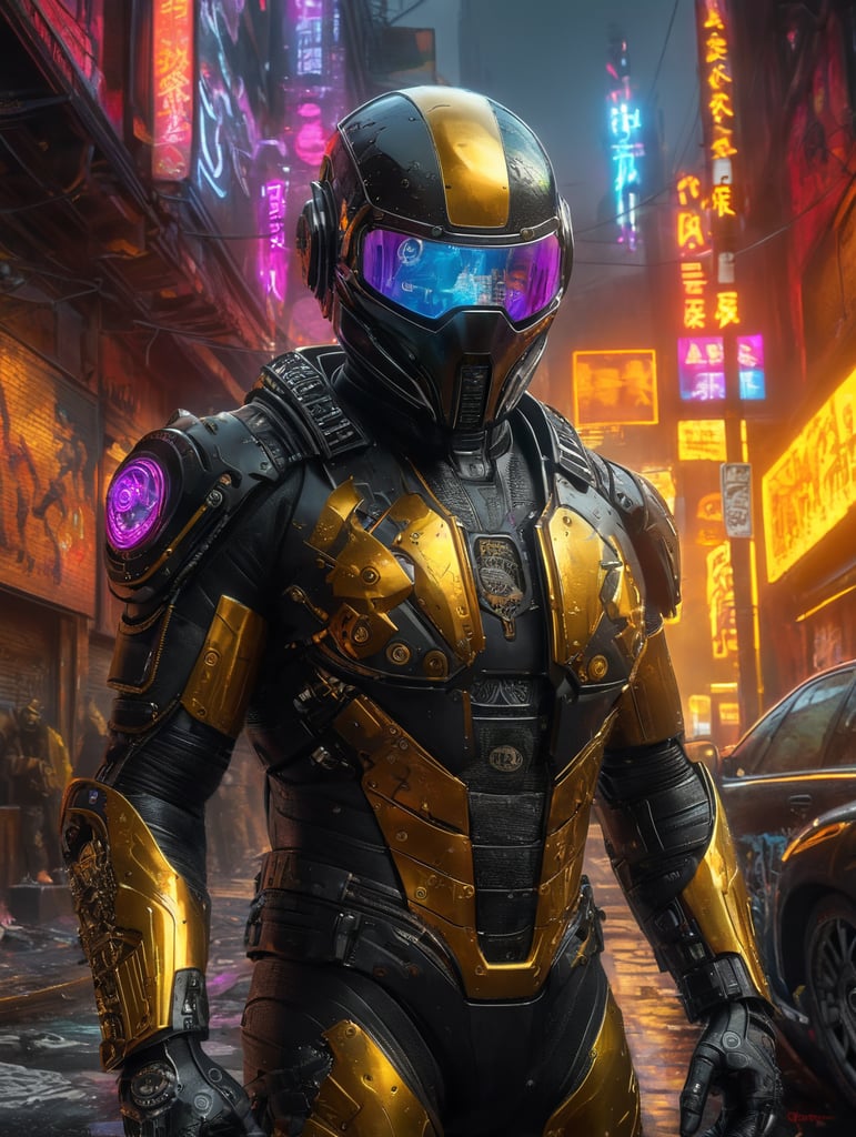Neon, graffiti, punk, cyber, infra world, meta human, crisis, dark theme, hyper realistic, black suit, carbon fiver, titanium, gold details