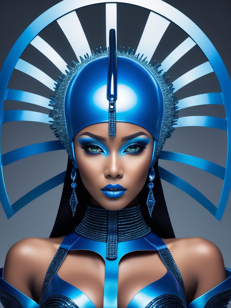 A beautiful blue haired size 9 black female pop artist all blue sleek futuristic outfit, with huge headpiece center piece, clean makeup, with depth of field, fantastical edgy and regal themed outfit, captured in vivid colors, embodying the essence of fantasy, minimalist, film grain