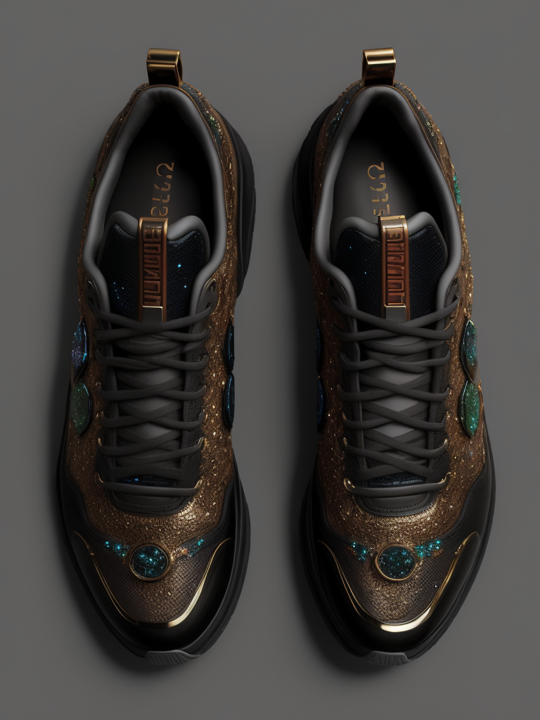 gemstone-embellished Gucci fashions with luminous lines and sequins. hyper realistic image of hi-tech sports puffy sneakers modern fashion, deep atmosphere, saturation, vibrance, sharp on details