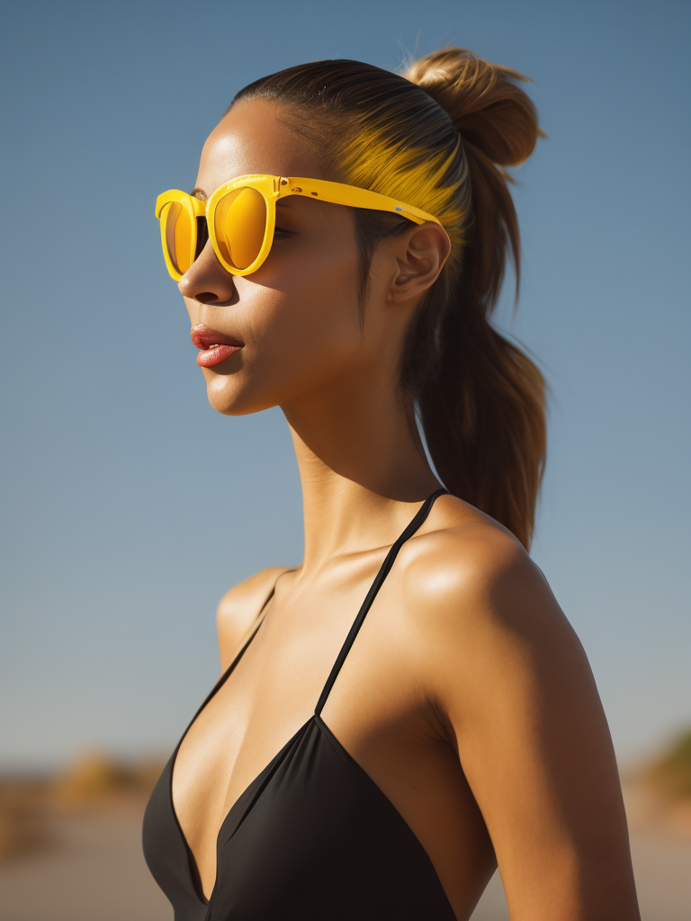 Portrait of a fashion model dressed in a black swimsuit and a yellow transparent sun glasses, Sunny weather, Contrasting light, Hair in a bun