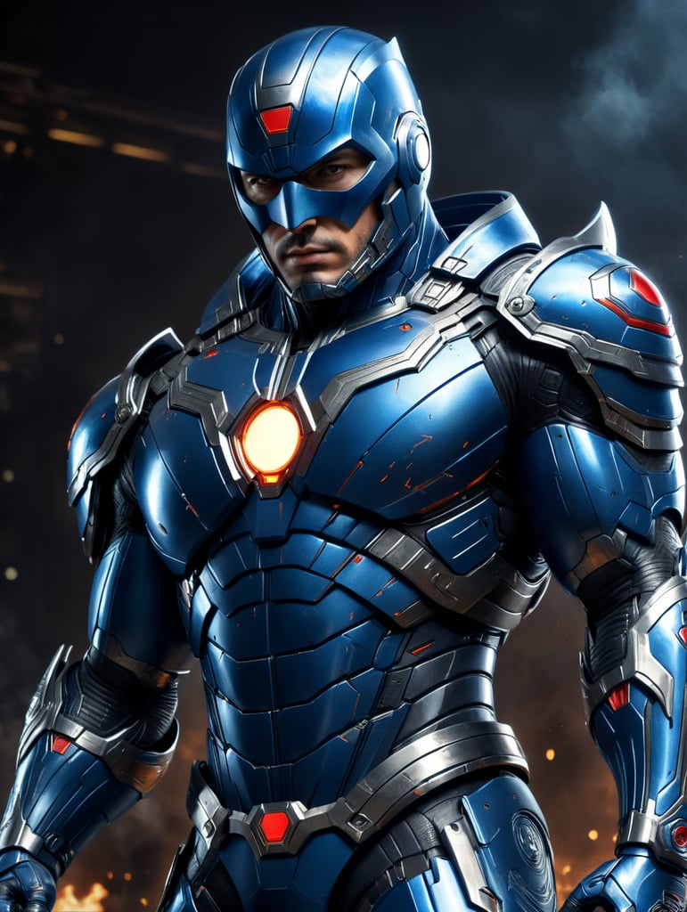 A blue colour of super hero suit with the hand blaster on both sides and also have a blades on top of arm