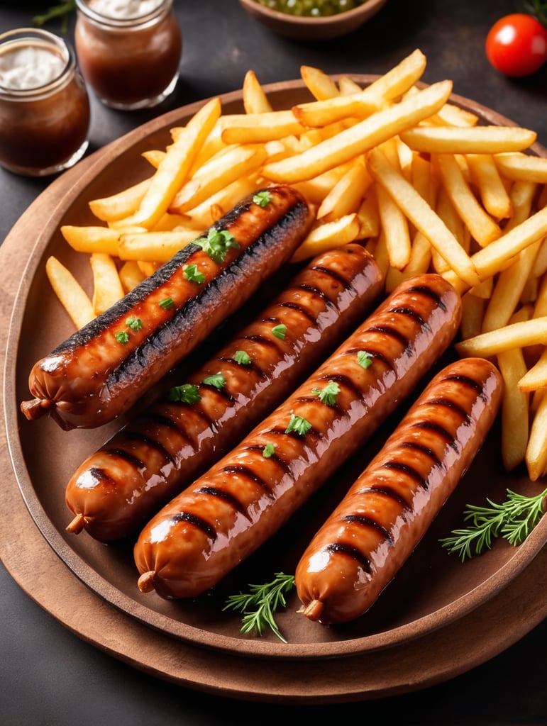 Gambar tersebut menampilkan sosis bakar yang terletak di atas wadah atau piring, ditemani oleh kentang goreng yang disusun dengan indah di sekitarnya. Sosis bakar terlihat menggoda dengan warna kecokelatan yang merata di permukaannya, memberikan kesan garing dan lezat. Aromanya yang menggugah selera tercium dari jauh. Kentang goreng yang cokelat keemasan dan renyah berjejer di sekitar sosis, menambah kelezatan hidangan tersebut. Wadah yang digunakan mungkin berupa piring atau mangkuk yang menarik, memberikan kesan estetika yang menambah selera makan. Keseluruhan gambar menggambarkan hidangan yang siap untuk dinikmati dengan penuh kenikmatan.