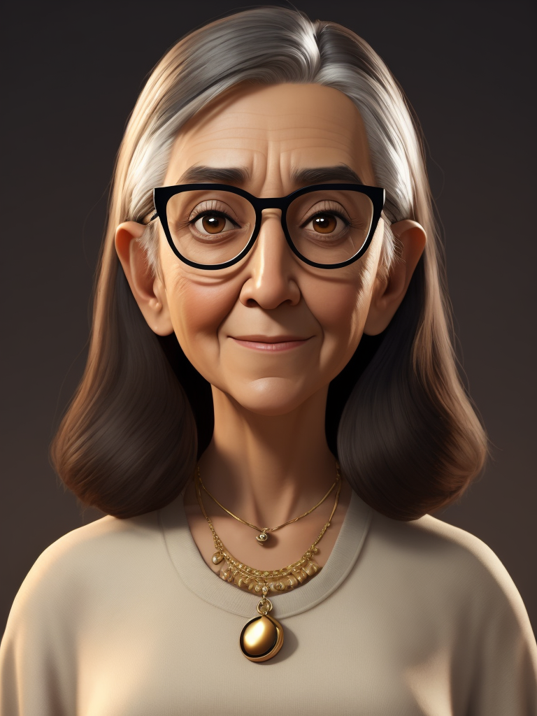 grandpa, black hair, Brown eyes, glasses and necklace, Full body, standing centered, Pixar style, 3d style, disney style, 8k, Beautiful, Pixar style girl with black hair brown eyes glasses and necklace