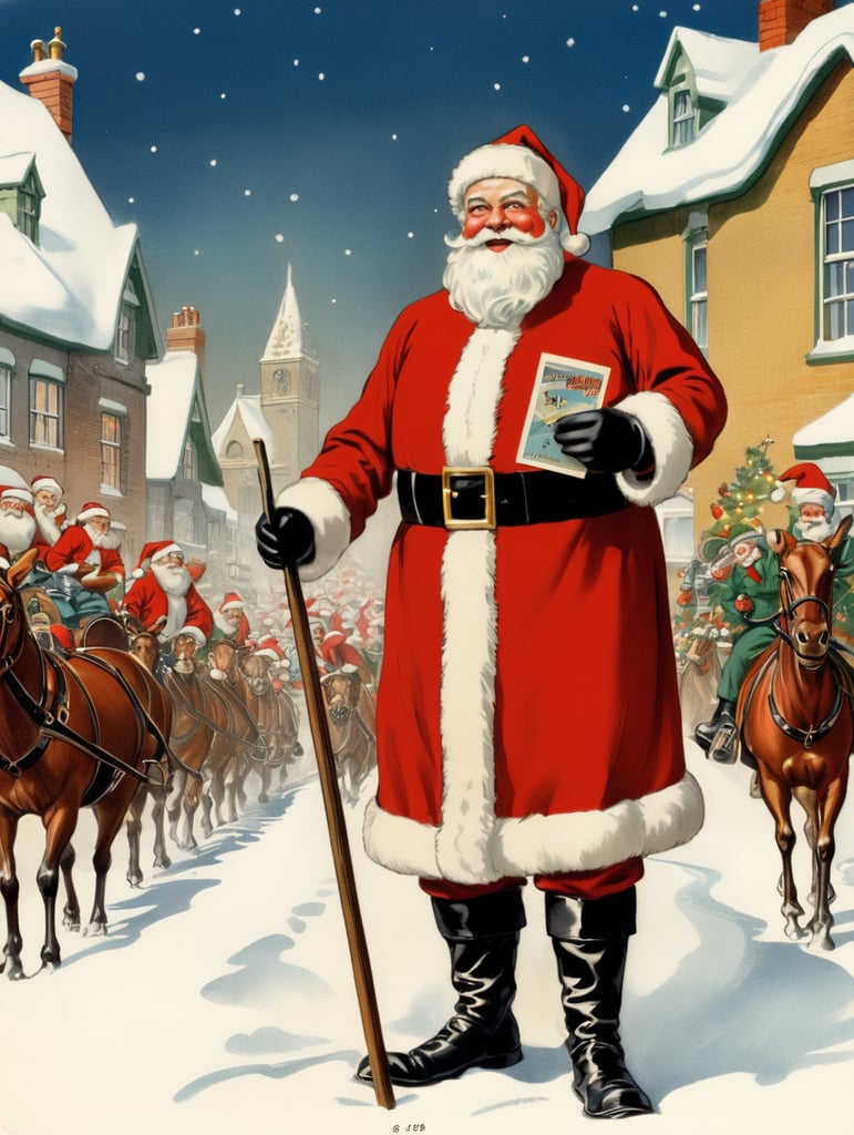 Illustration of a Santa in the style of Donald Fraser Gould McGill and a Bamforth postcard