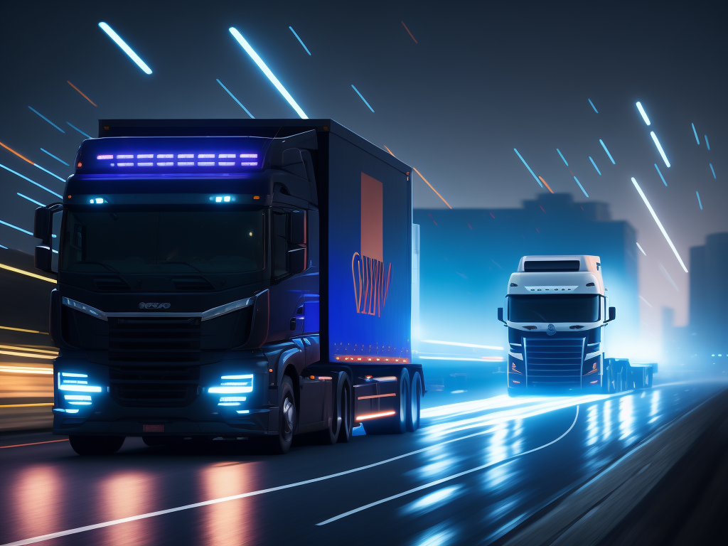 High tech trucks drive on the long and wide highway at the raining night. Headlights and cyberpunk advertisements light up the night all around.
