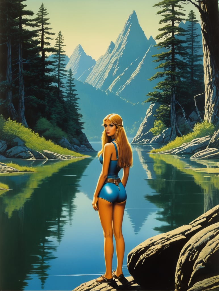 Beautiful revealed girl in lake, looking at you, minimalist, 1970's dark fantasy book cover paper art, dungeons and dragons style drawing, by larry elmore