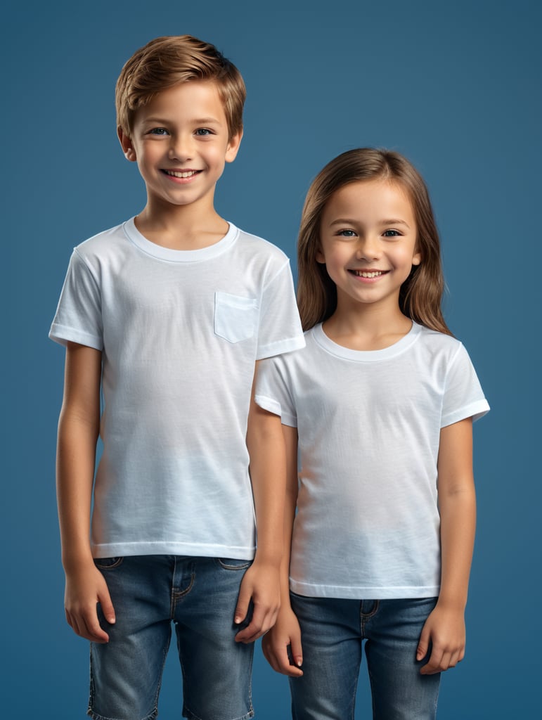 a boy and girl wearing white t-shirts, standing in front of blue background, blank shirts no print, 16 years old smiling toddlers, photo for apparel mock-up