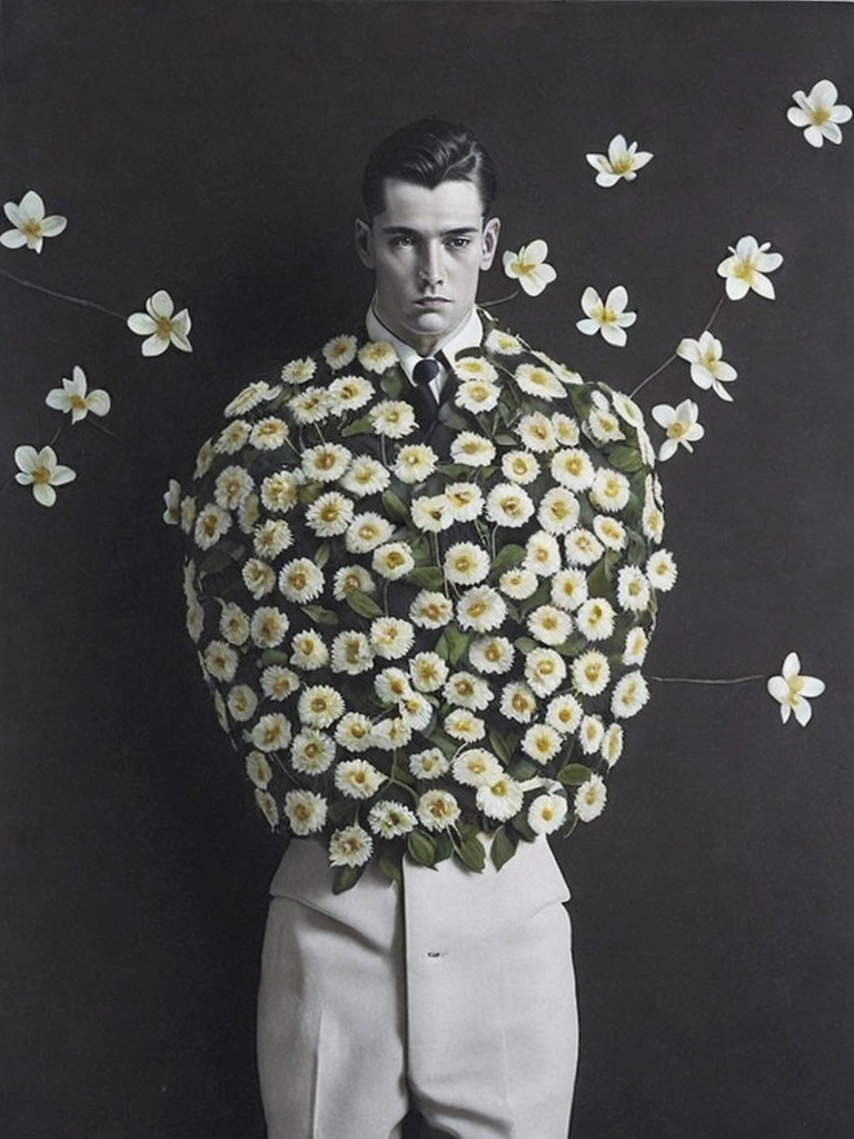 Man with body covered by flowers, painted by rené magritte