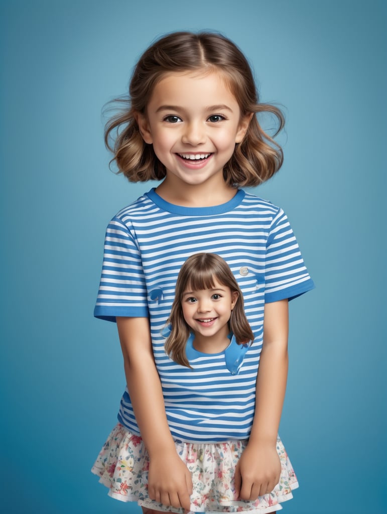 photo happy little girl going to travel, cute girl, Striped T-shirt, blue background, harpers bizarre, cover, headshot, hyper realistic